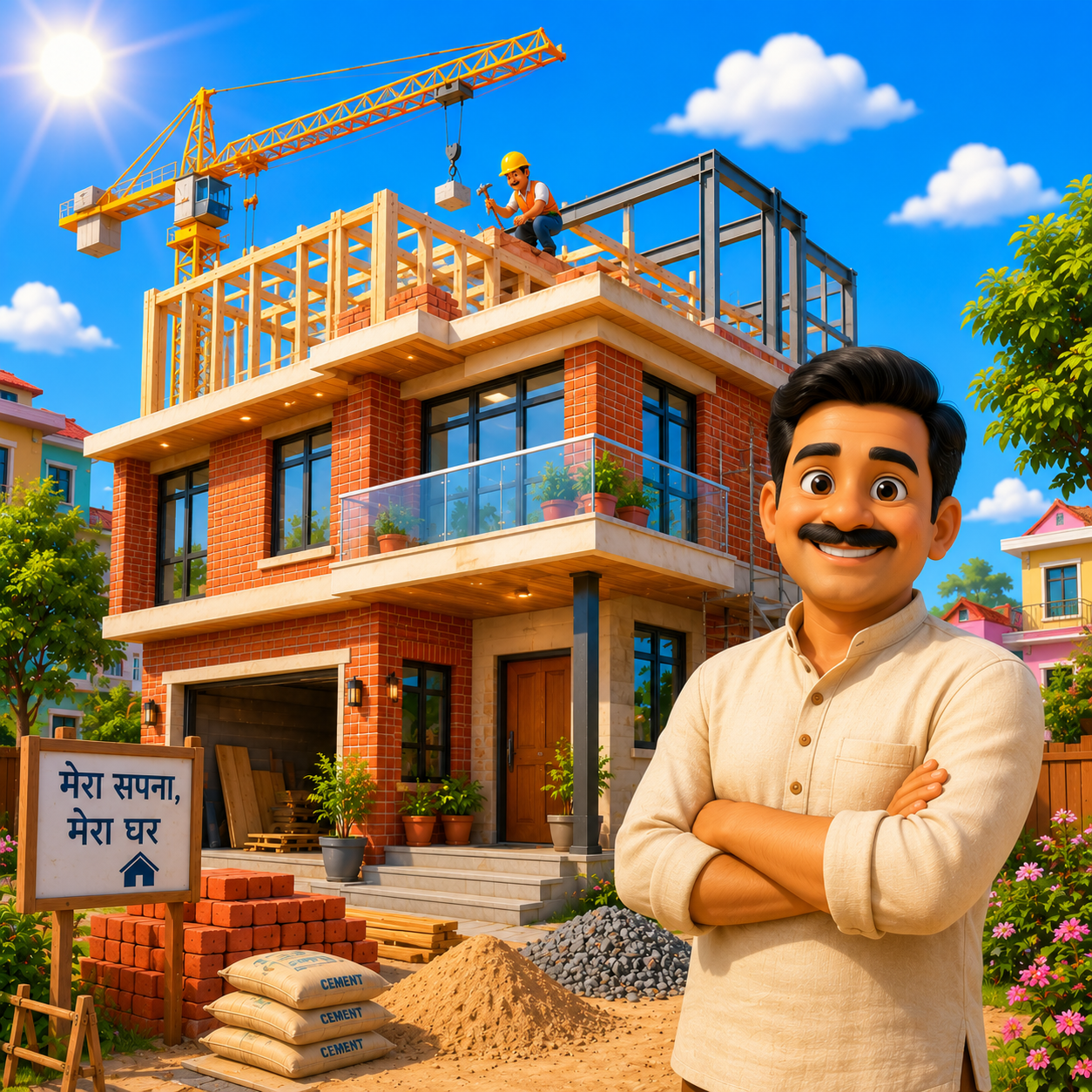Homeowner standing under-construction house